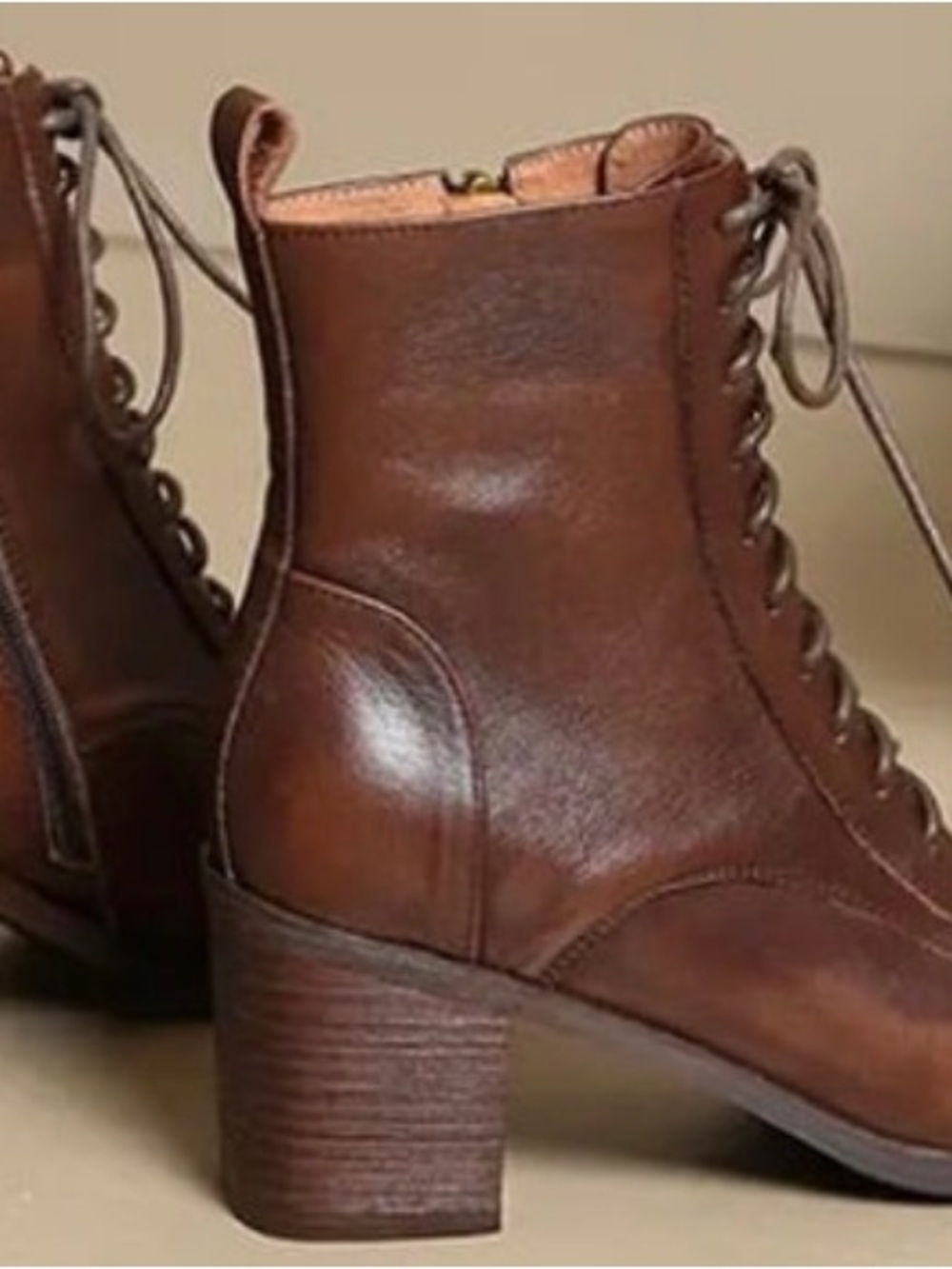 Women's Brown Leather Lace-Up Block Heel Ankle Boots